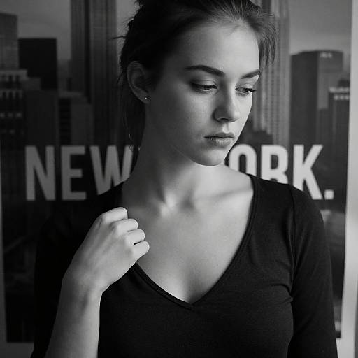 Black and white photograph of a pensive young woman with light skin, dark hair in a bun, wearing a black V-neck top, touching her collar