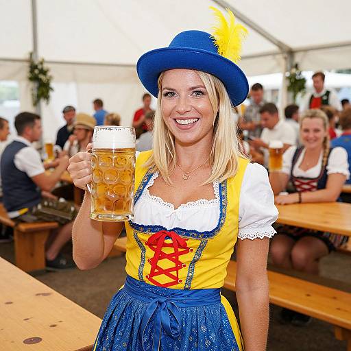 Blonde woman in Bavarian dress and blue hat, holding a frothy beer mug, smiling at Oktoberfest. Background: busy tent, seated patrons