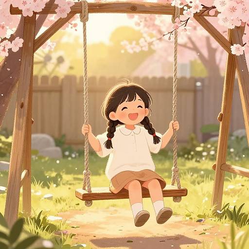 Smiling Girl on Swing in Garden