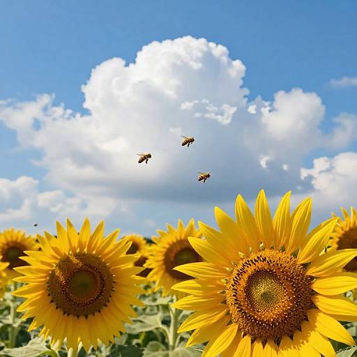 Bright photograph of sunflowers with yellow petals and brown centers, three bees flying above, against a vivid blue sky with fluffy white clouds.