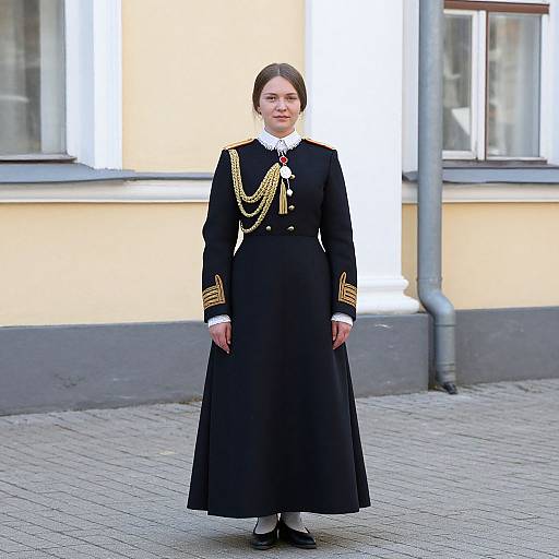 Photograph of a young woman in a black, long-sleeved, floor-length dress with gold trim and white lace collar, standing outdoors against a