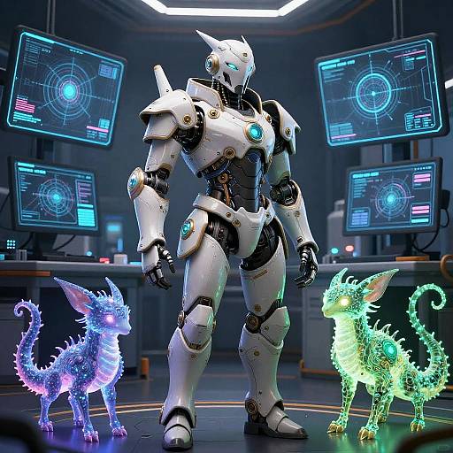 CGI image of a white robotic humanoid standing between two glowing, neon-colored, dragon-like creatures in a futuristic control room with holographic displays.
