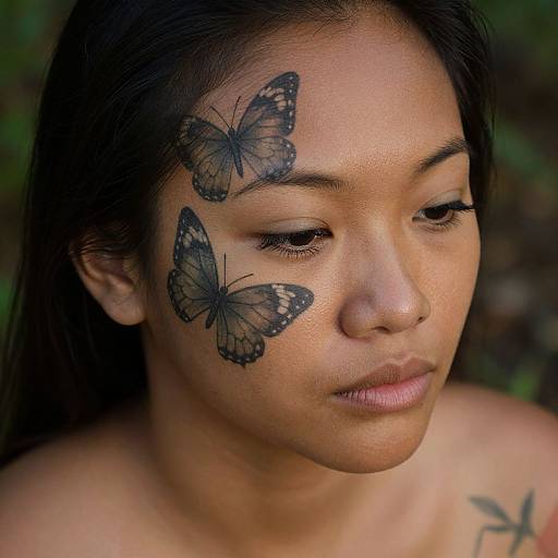 Photograph of an Asian woman with black butterfly tattoos on her right cheek and forehead, long black hair, neutral expression, and a blurred green background.