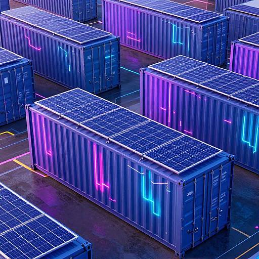Photograph of brightly lit, neon-accented, solar-paneled cargo containers arranged in a parking lot, featuring vibrant blue, pink, and purple
