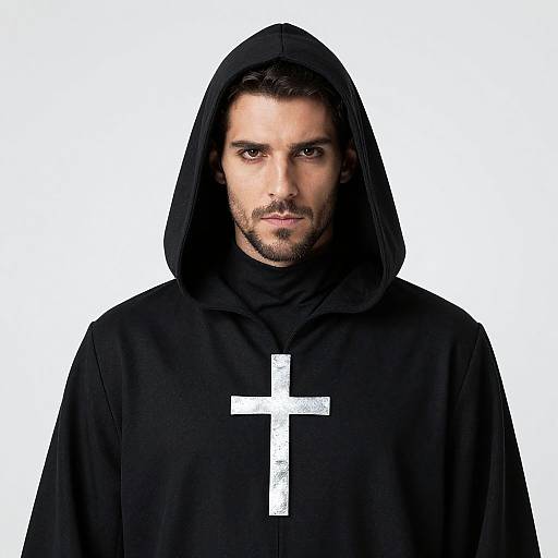 Photograph of a serious, bearded man with dark hair, wearing a black hooded robe with a white cross, against a white background.