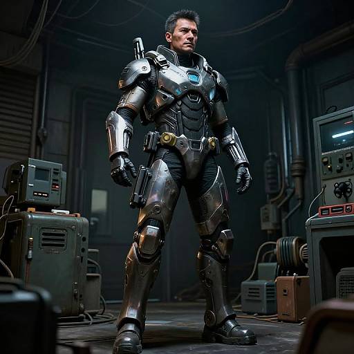 Photorealistic CGI of a muscular man in futuristic, silver and black armored suit with glowing blue accents, standing in a dimly lit, industrial control