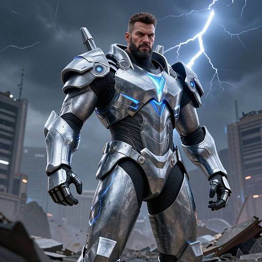 Photorealistic CGI of a muscular, bearded man in silver, blue-accented futuristic armor, standing amid a ruined cityscape under a lightning