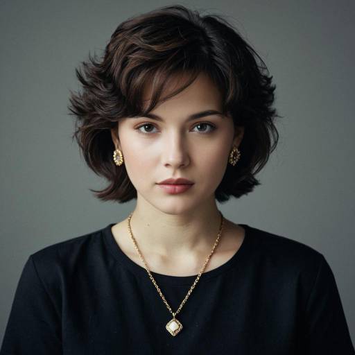 Portrait of Young Woman with Short Brown Hair and Gold Jewelry