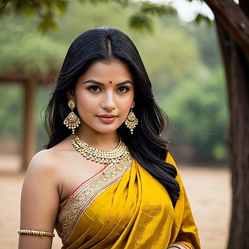 Woman in Golden Saree with Traditional Jewelry