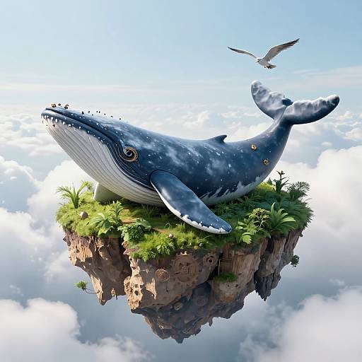 Digital artwork of a blue whale floating on a rocky island with greenery, surrounded by a bright sky and a flying bird.