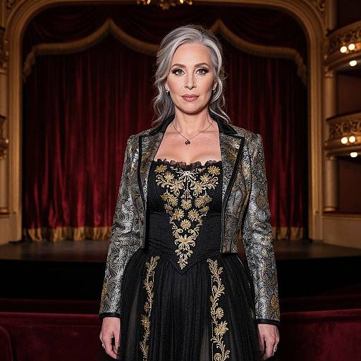 Photograph of an elegant older woman with silver hair, wearing a black dress with gold floral embroidery and a silver sequin jacket, standing in a grand