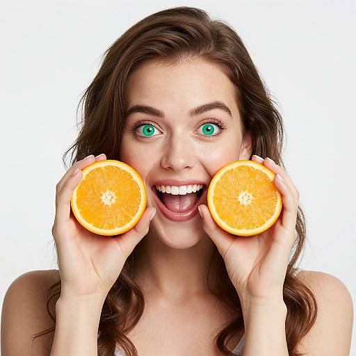 Photograph of a surprised young woman with green eyes, holding two orange slices to her cheeks, mouth open in excitement, white background.