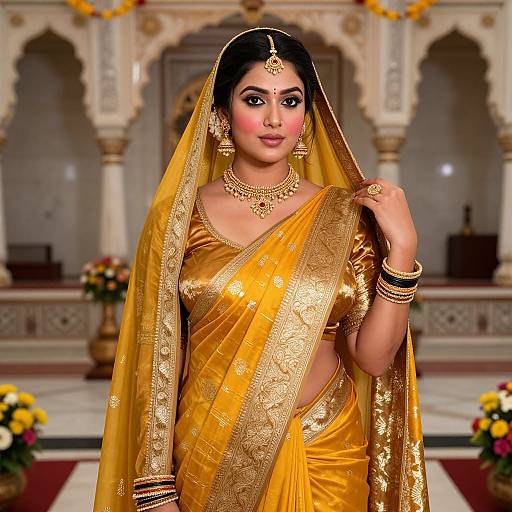 Photograph of an Indian bride in a golden saree with intricate patterns, wearing traditional jewelry, standing in a decorated temple.