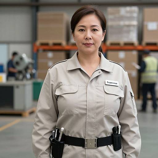 Photograph of an Asian woman with short black hair, wearing a beige uniform with black belt and name tag 