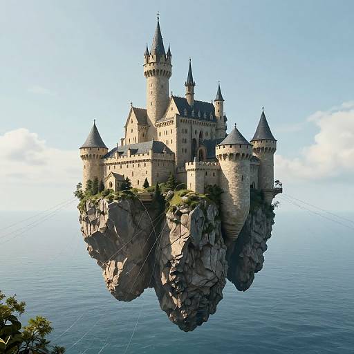 Photorealistic CGI of a floating, medieval stone castle with multiple towers and conical roofs, suspended above a rocky cliff over calm ocean waters under a