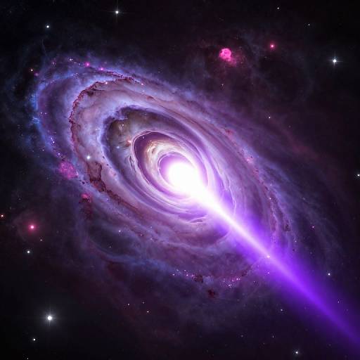 Photograph of a vibrant, swirling galaxy with a bright white core, surrounded by purple and pink nebulas, set against a dark star-filled space
