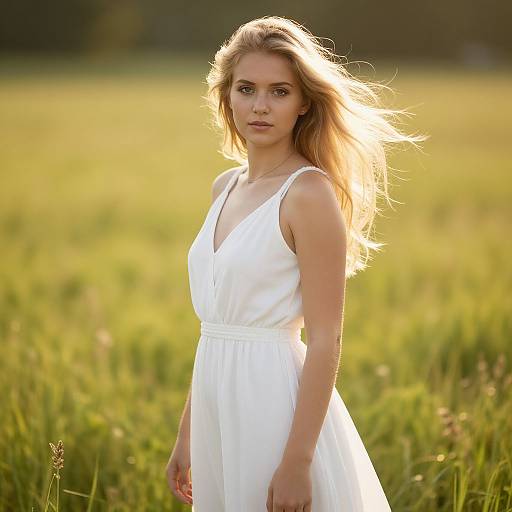 Photograph of a blonde woman with long hair, wearing a white sundress, standing in a sunlit grassy field, looking directly at the camera