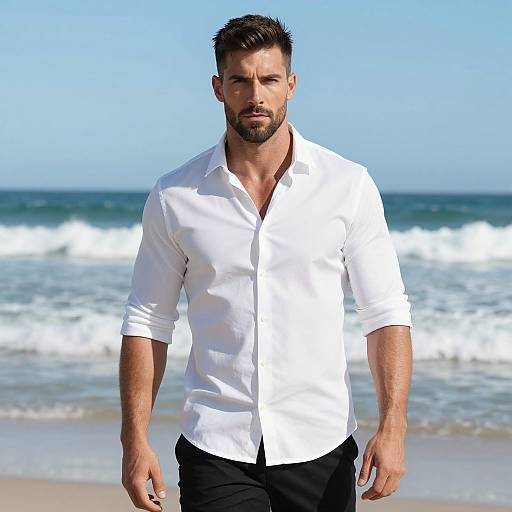 Photograph of a handsome, bearded man with short brown hair, wearing a white button-up shirt and black pants, standing on a sunny beach with