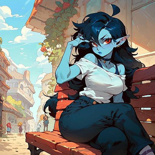 Fantasy Character Sitting on Bench in City Street