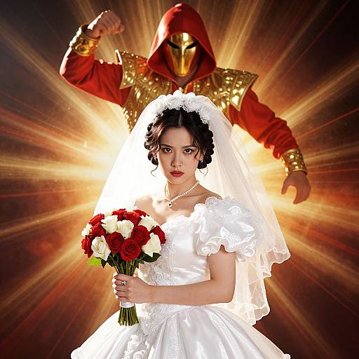 Photograph of a bride in white dress and veil holding red-and-white rose bouquet, with a masked, armored figure behind glowing.