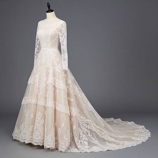 Photograph of a white lace wedding gown with long sleeves, full skirt, and long train, displayed on a black mannequin against a gray background