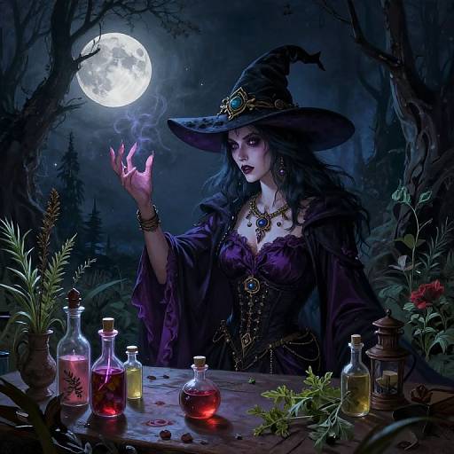 Digital artwork of a mystical witch under a full moon, casting a spell with glowing fingers, surrounded by potions and plants.