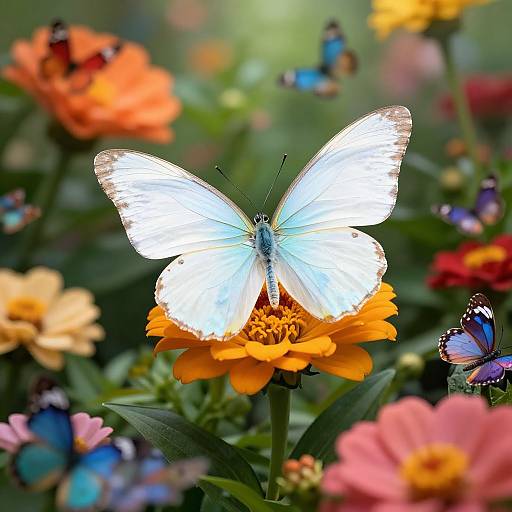 Photograph of a white butterfly with delicate wings perched on an orange flower, surrounded by colorful flowers and multiple butterflies.