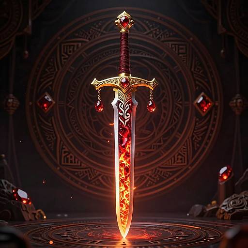 Glowing, fire-embellished sword with intricate designs and red gem pommel, centered on magical, circular dark background with red orbs