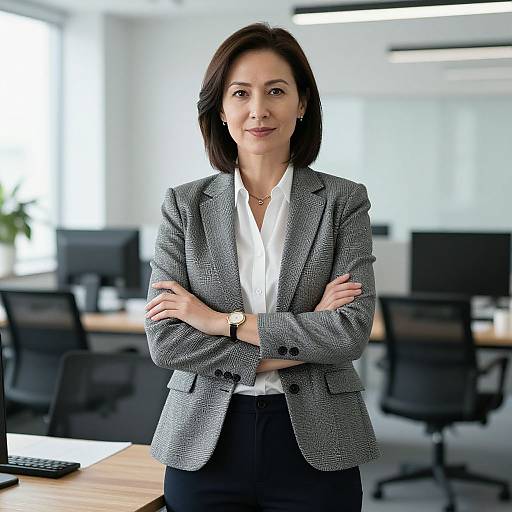 Photograph of a confident, brown-haired woman in a gray blazer and white shirt, standing with arms crossed in a modern, bright office.