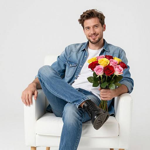 Man Holding Bouquet of Roses Sitting in Armchair