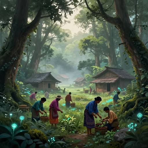 Digital painting of a mystical forest village at dawn, featuring villagers in colorful clothes harvesting glowing flowers around traditional wooden huts.