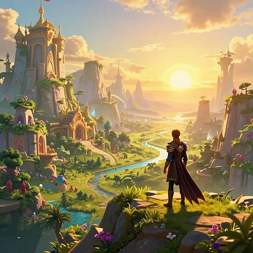 Fantasy digital artwork: A lone, armored figure with a cloak stands on a rocky hill, gazing at a sunlit, lush, castle-filled
