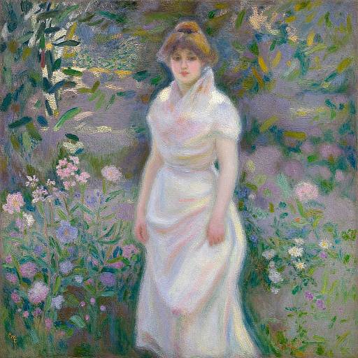 Impressionist painting of a fair-skinned woman with brown hair in a white dress, standing amidst colorful, blooming flowers and lush greenery.