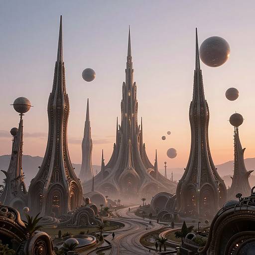 Digital art of a futuristic cityscape with towering spire-like structures, floating spheres, and a pastel sunset; winding roads and silhouetted