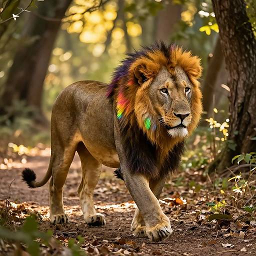 Iridescent Lion in Sunlit Forest
