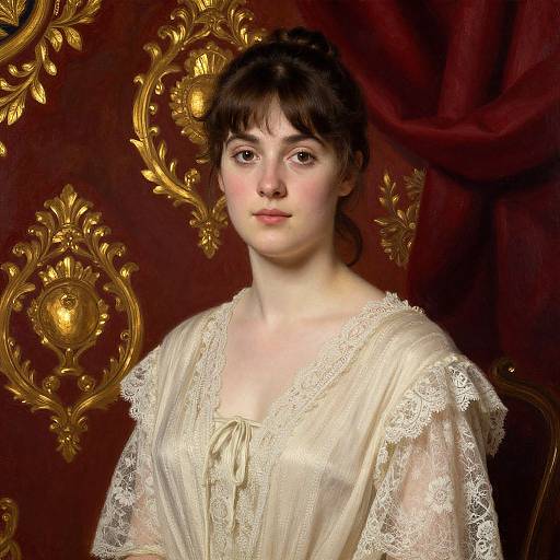 Photograph-style painting of a young woman with fair skin, brown hair, and lace-trimmed white dress, against ornate gold and red background