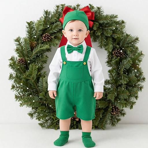 Photograph of a baby doll in green Christmas outfit with red bow, white shirt, green overalls, and matching green shoes, standing in front of