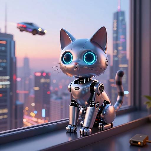 CGI image of a shiny, blue-eyed, robotic cat with large ears sitting on a windowsill, overlooking a neon-lit cityscape with flying