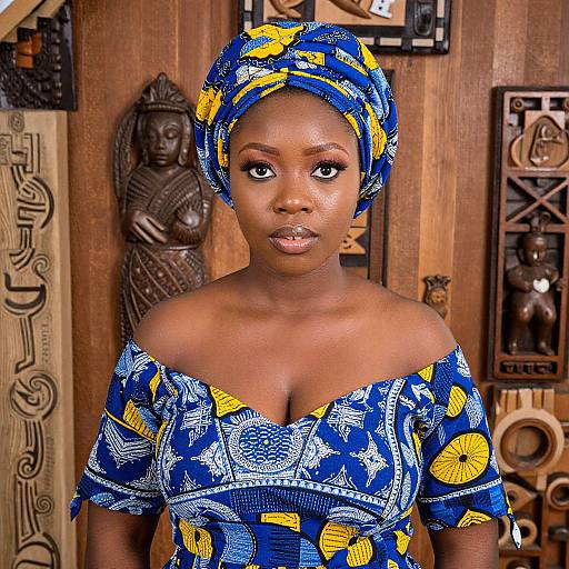 Photograph of a beautiful Black woman with dark skin, wearing a blue and yellow patterned off-shoulder dress and matching headwrap, standing in
