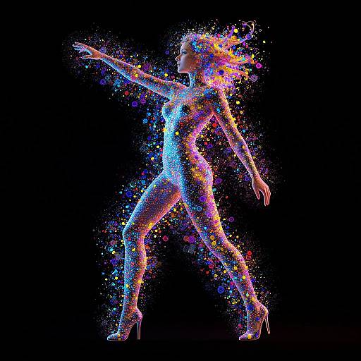 Neon-colored, digital silhouette of a dancing woman with outstretched arms and high heels, surrounded by vibrant, multicolored splatters on a