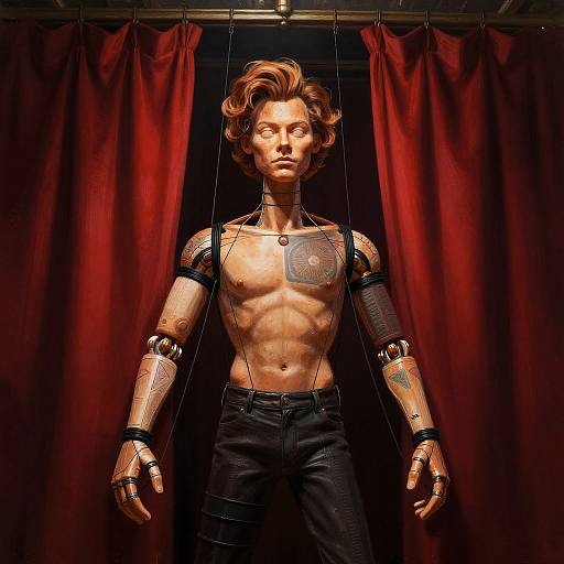 Photograph of a robotic humanoid figure with a human-like face, muscular chest, and exposed cybernetic arms and shoulders, standing in front of red