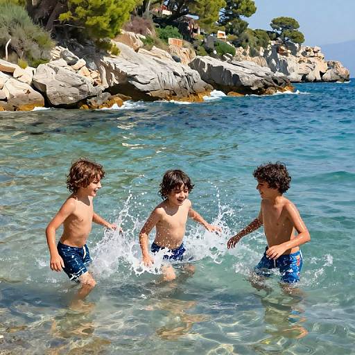 Three shirtless boys with curly brown hair, splashing in clear blue water, wearing blue swim trunks, near rocky coastline with trees.