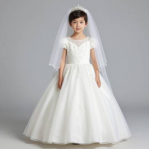 Photograph of a young Asian girl in a white, lace-trimmed wedding dress with a full skirt and veil, standing against a plain gray background