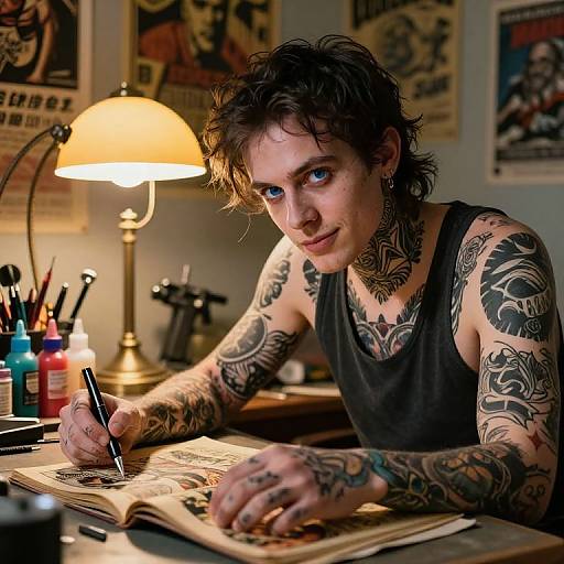 Tattooed man with messy brown hair, blue eyes, black tank top, writing in a notebook under a warm lamp in a cluttered,