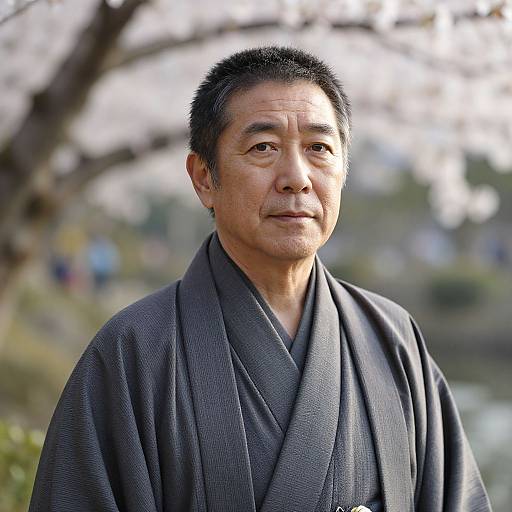 Photograph of an East Asian man with short black hair, wearing a dark gray kimono, standing outdoors with a blurred background of trees and a body