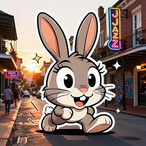 Cartoon gray bunny with large eyes and pink ears sits happily on a sunlit urban street with neon 