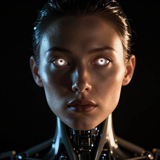 CGI portrait of a glowing-eyed, cybernetic woman with slicked-back hair, illuminated by contrasting blue and yellow lights against a black background.