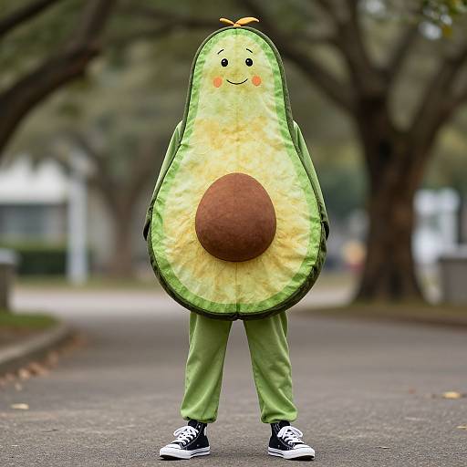 Photograph of a person in a green, avocado-themed costume with a smiling face, brown pit, and green pants, standing on a tree-lined street