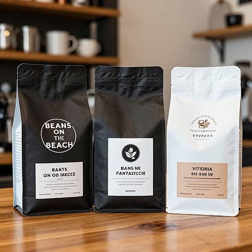 Photograph of three coffee bean bags on a wooden table, black and white packaging with 