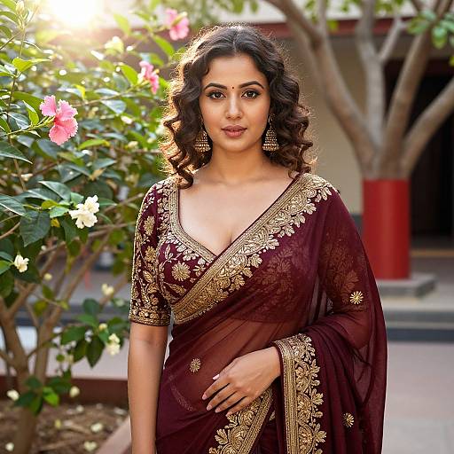 Photograph of an Indian woman with dark curly hair, wearing a maroon saree with gold embroidery, standing in a sunlit garden with blooming